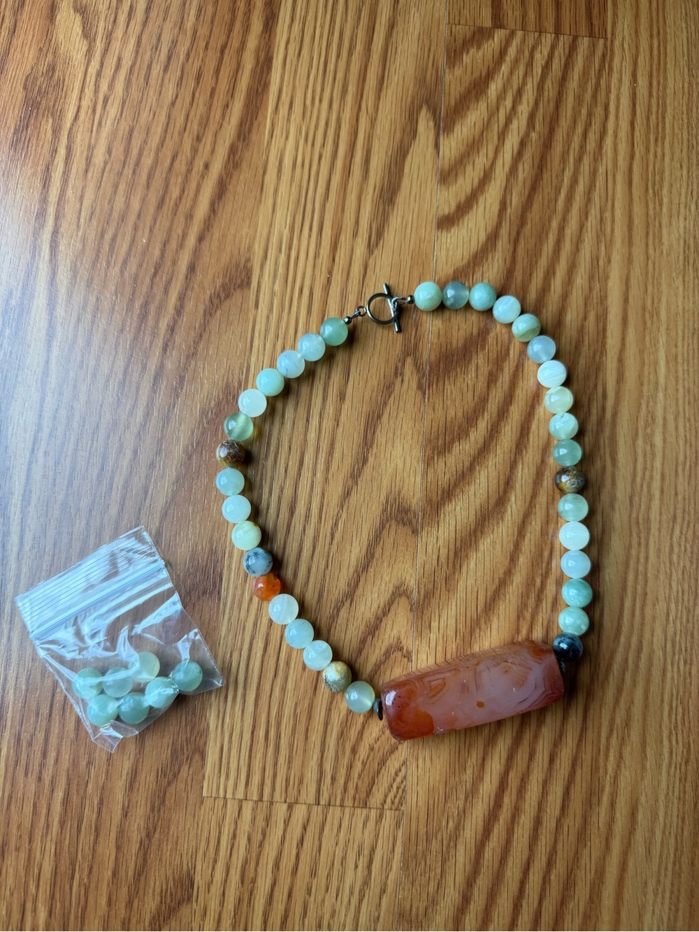 Handcrafted Green and Orange Stone Beaded Choker Necklace with Carnelian Accent